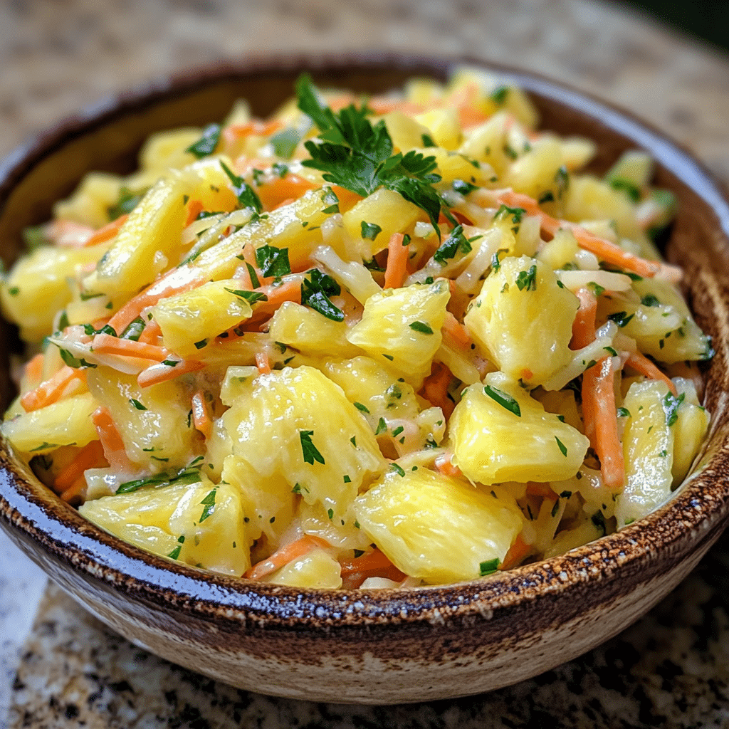 Homemade easy pineapple slaw recipe for summer feasts in a serving dish in a bright kitchen