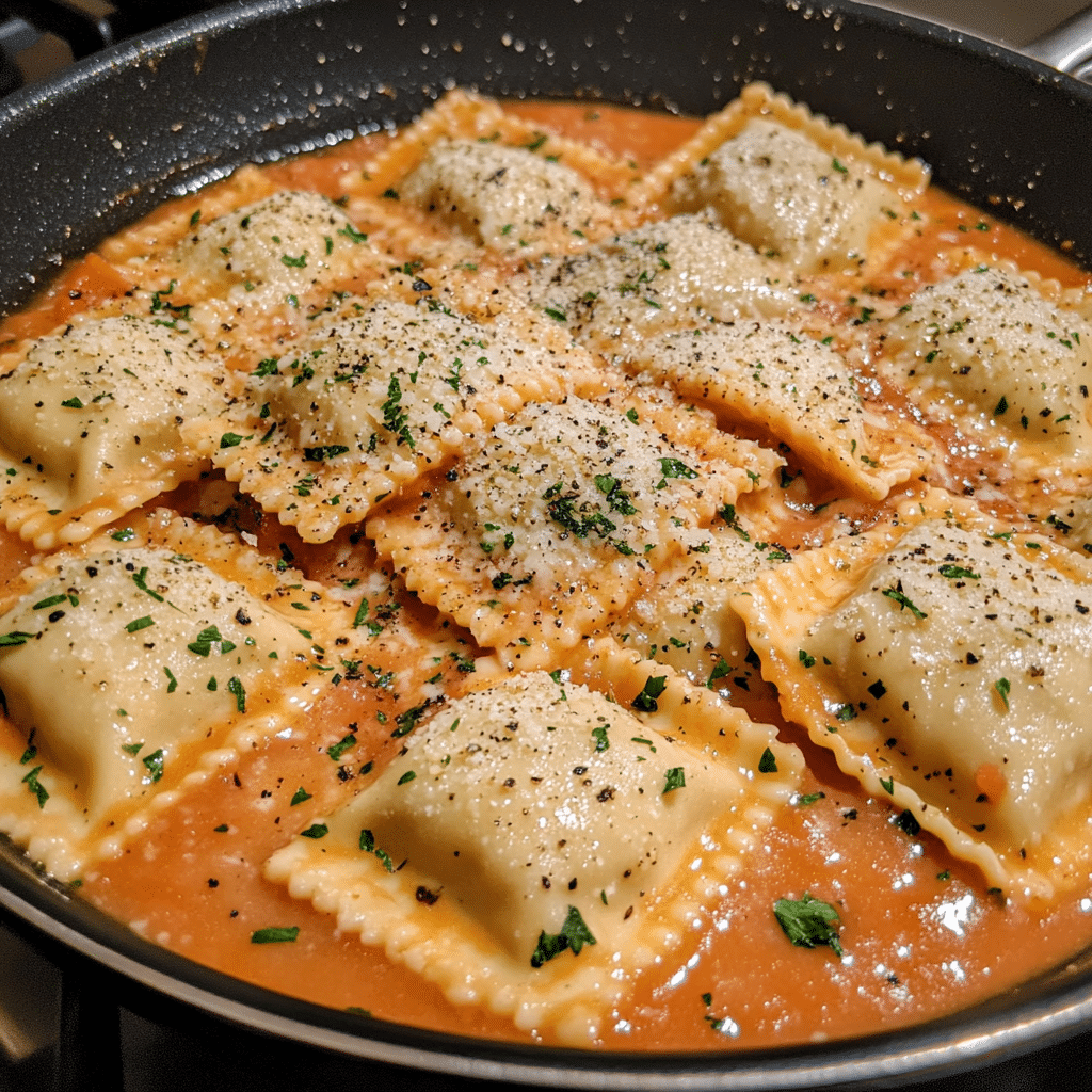 Ravioli in creamy tomato sauce topped with Parmesan in a skillet