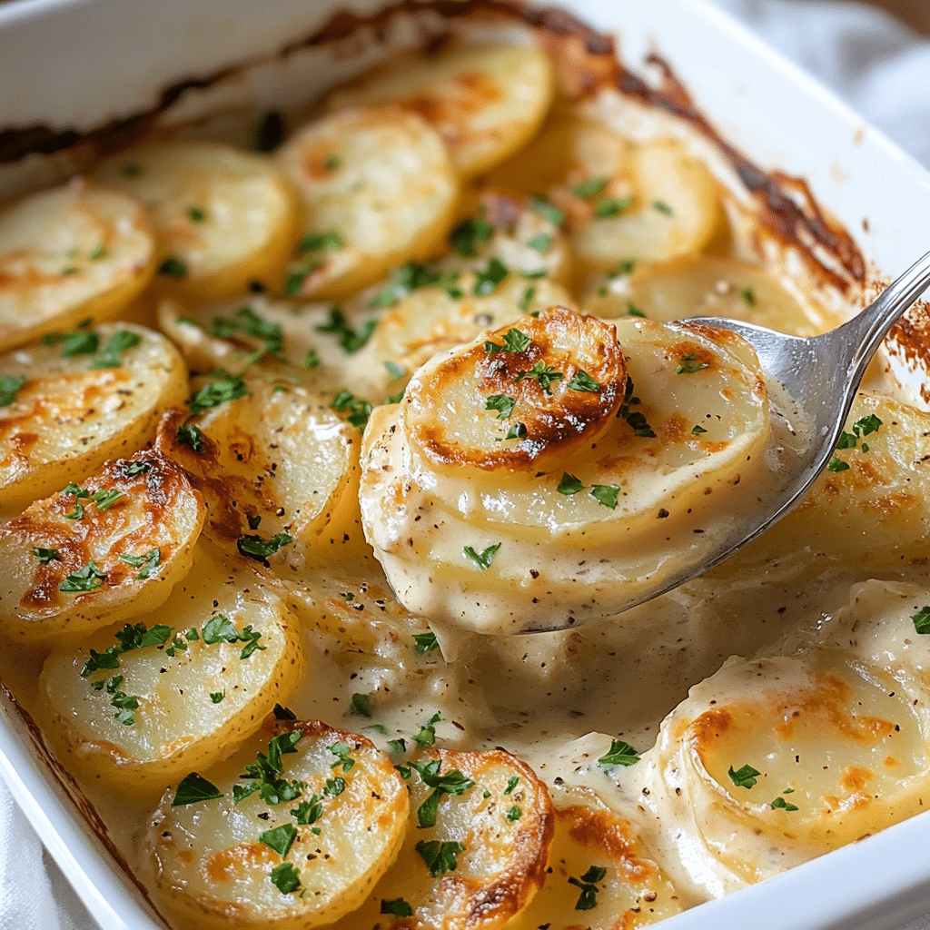 Baking dish of scalloped potatoes with creamy layers and golden top