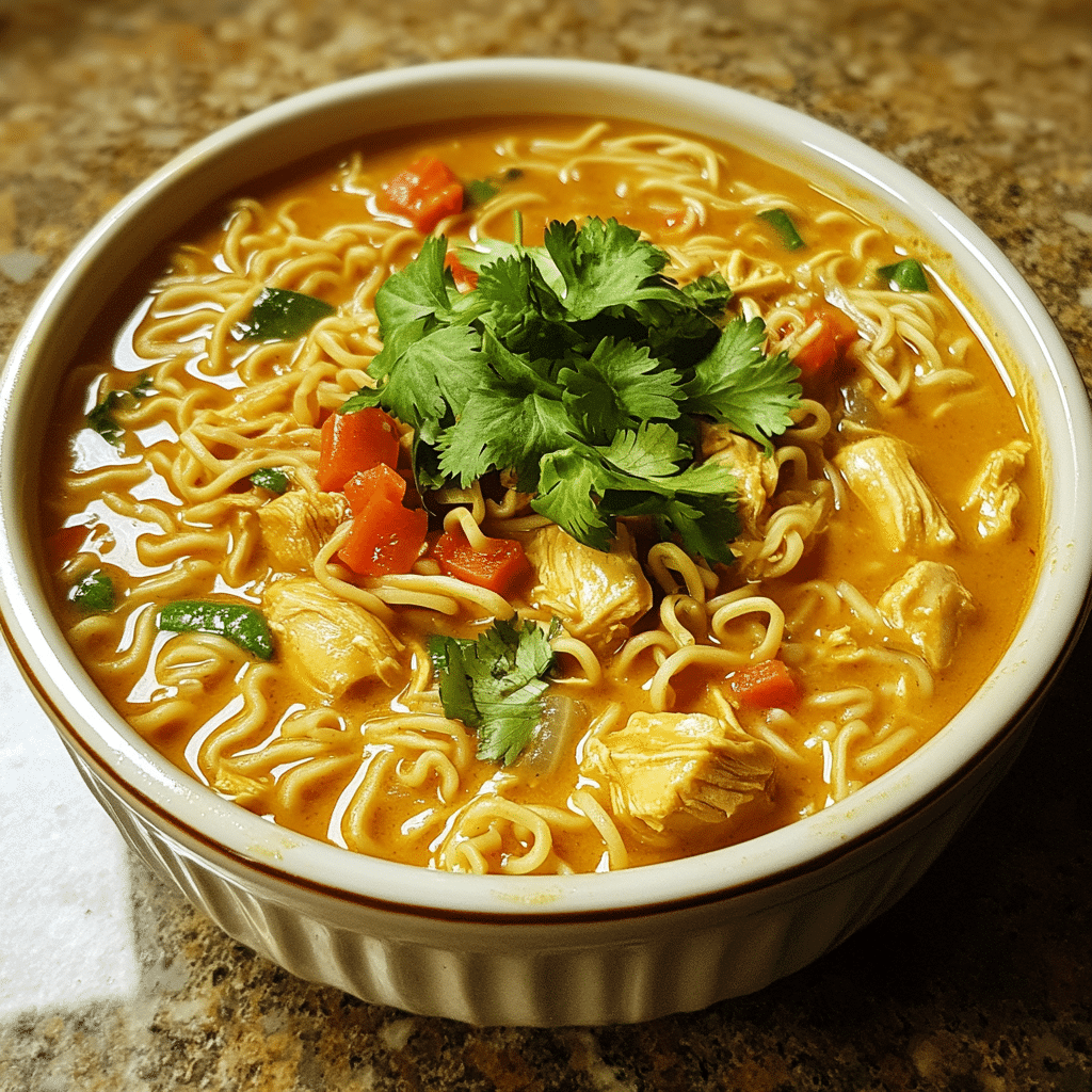 Homemade easy thai chicken curry soup with coconut milk & noodles in a serving dish in a bright kitchen