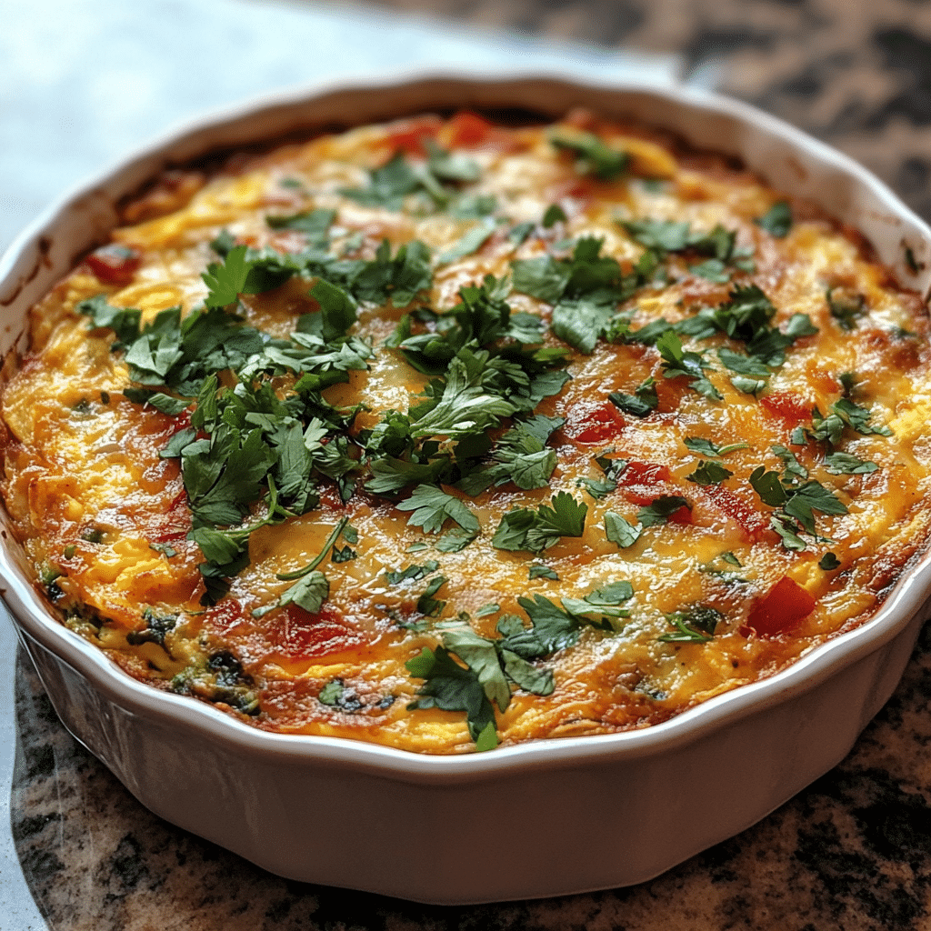 Homemade easy tortilla egg bake in a serving dish in a bright kitchen