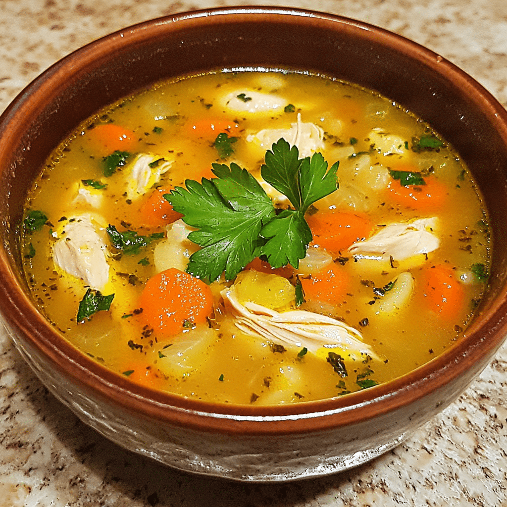 Homemade favorite italian chicken pastina soup in a serving dish in a bright kitchen