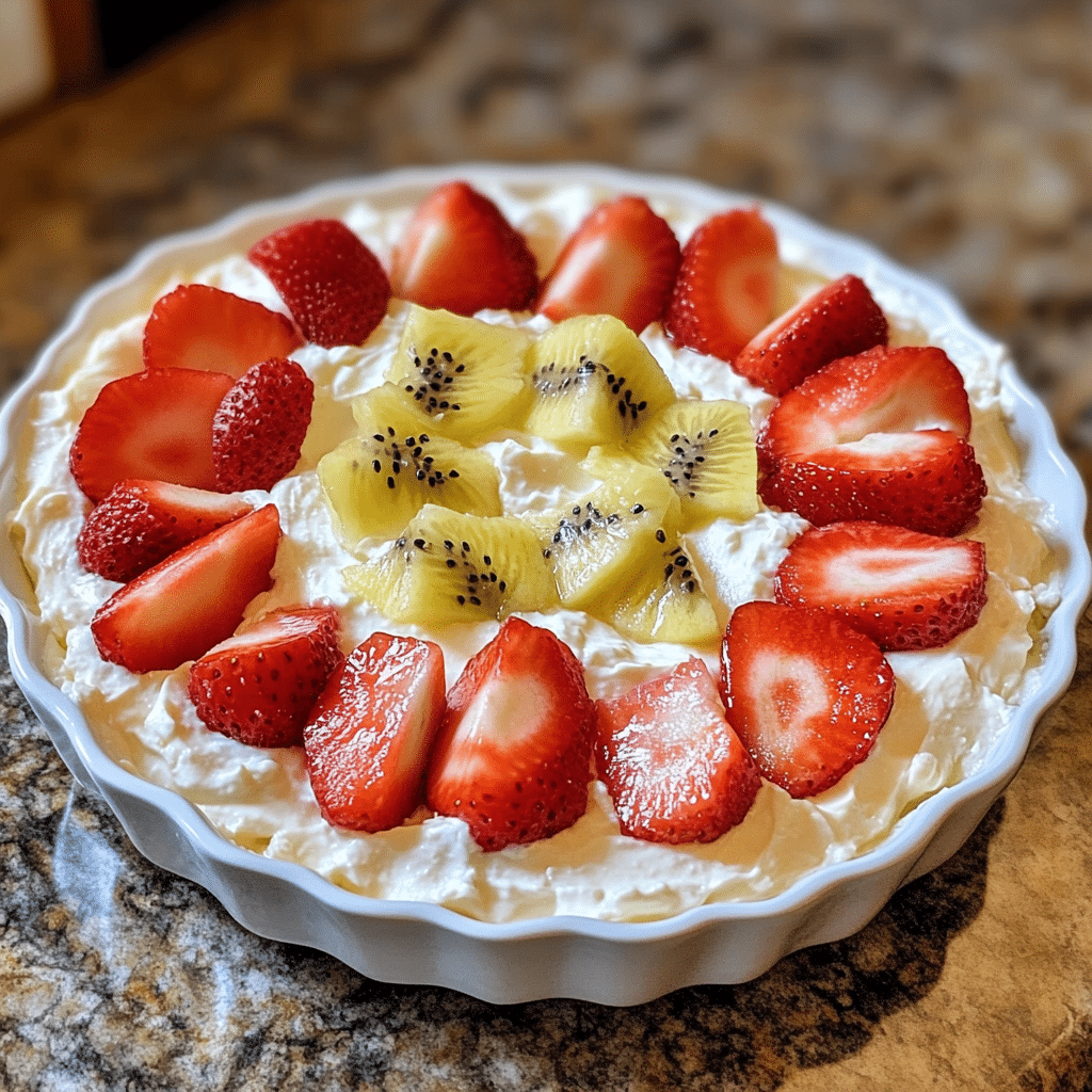 Homemade fruit dip with cream cheese in a serving dish in a bright kitchen
