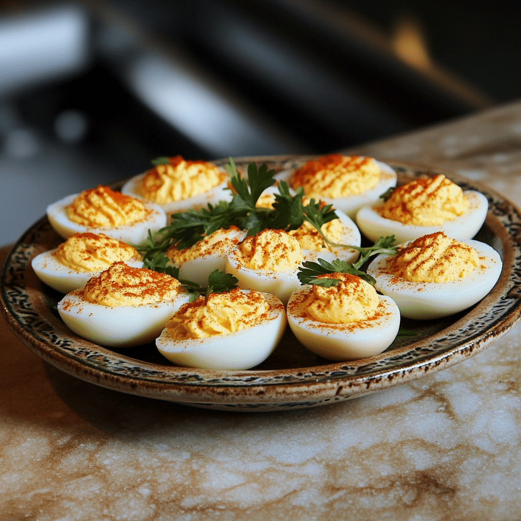 Homemade gordon ramsay’s deviled eggs recipe in a serving dish in a bright kitchen