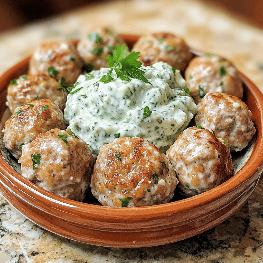 Homemade greek chicken meatballs with homemade tzatziki in a serving dish in a bright kitchen