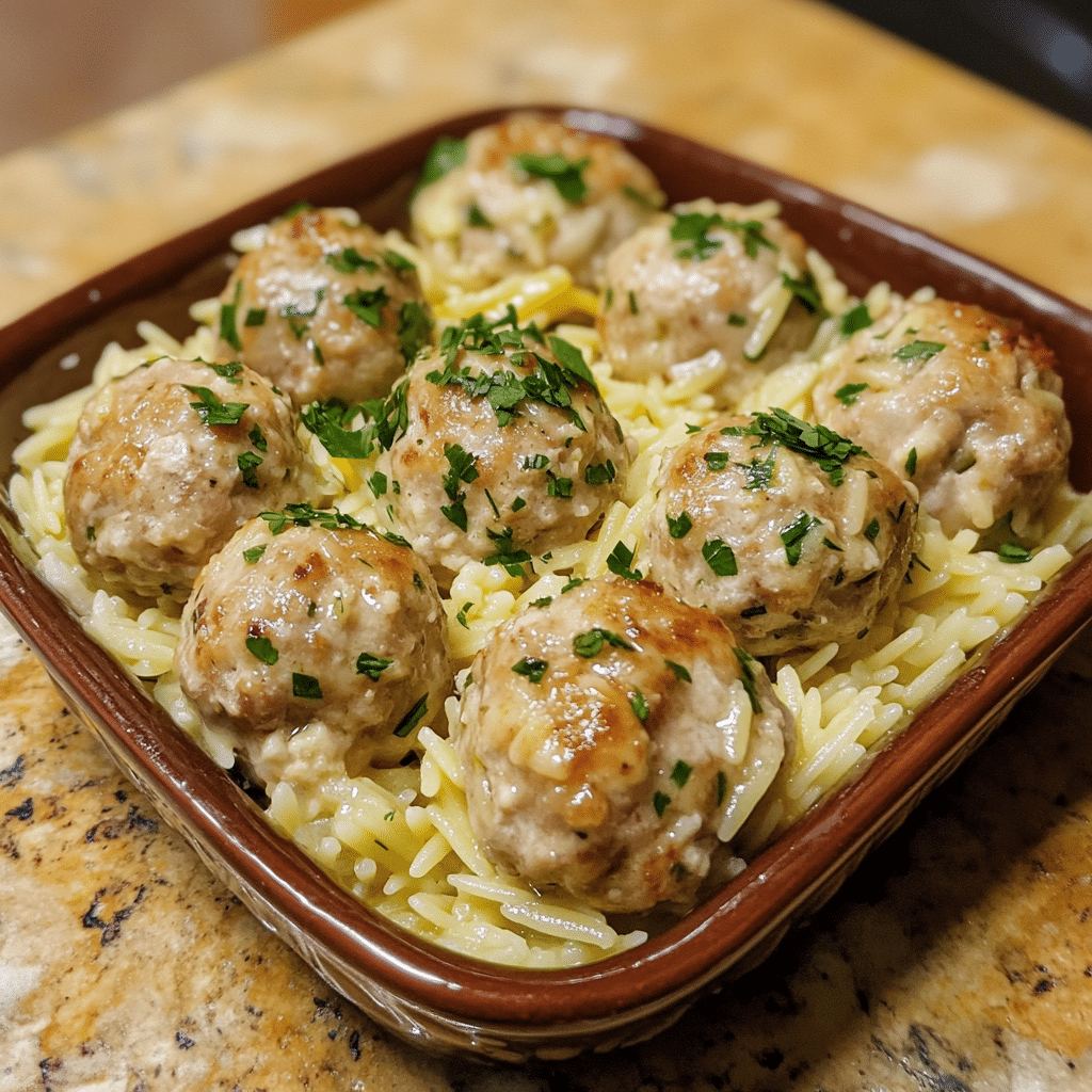 Homemade greek chicken meatballs with lemon orzo in a serving dish in a bright kitchen