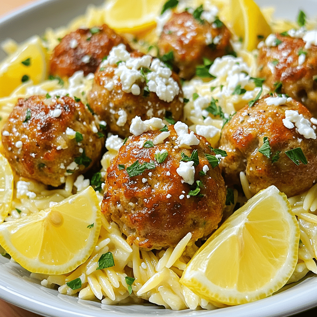 Greek chicken meatballs over lemon orzo with feta, parsley, and lemon wedges