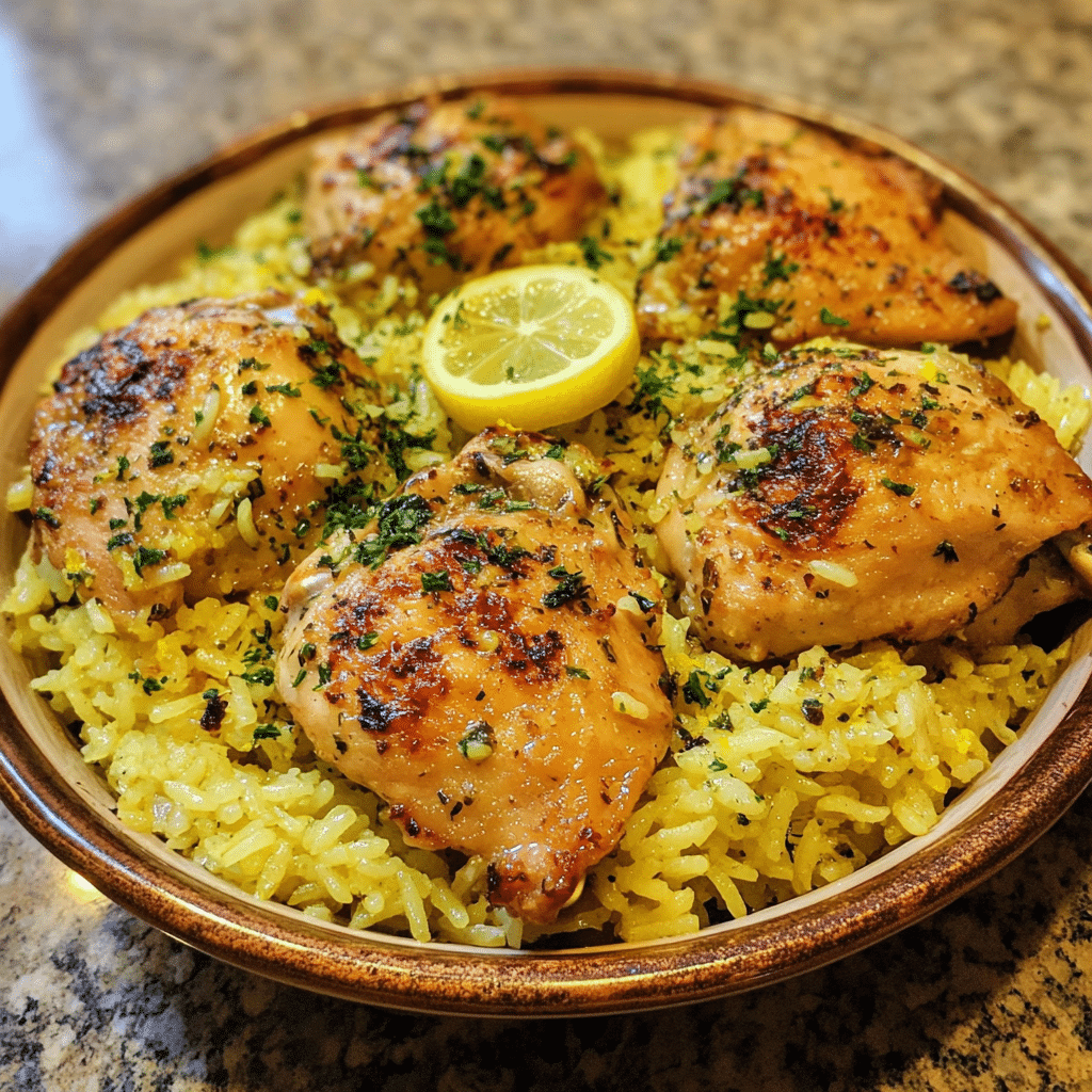 Homemade greek chicken and lemon rice (30 minutes, one in a serving dish in a bright kitchen