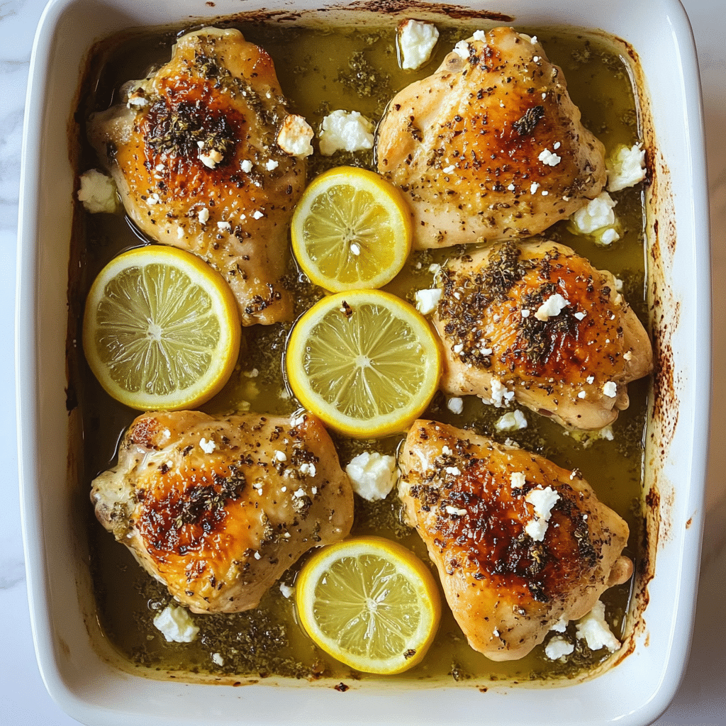 Greek chicken with lemon slices and feta baked in a dish