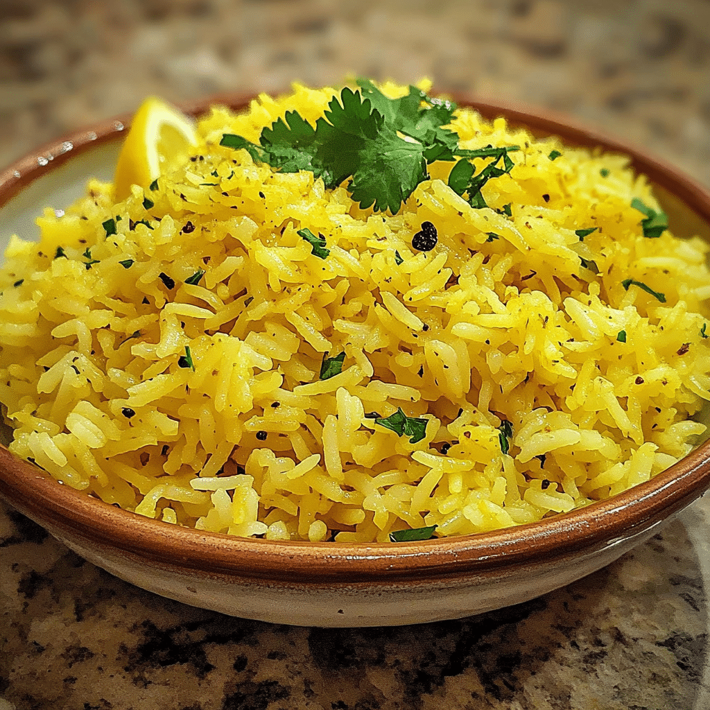 Homemade greek lemon rice recipe that family will love in a serving dish in a bright kitchen