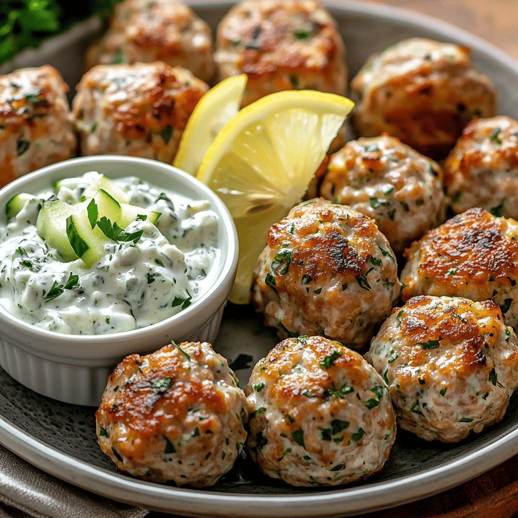 Greek turkey meatballs served with tzatziki sauce and cucumber