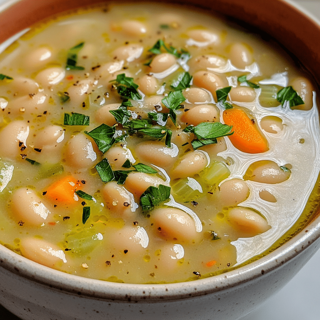 Bowl of Greek white bean soup with garlic, lemon, vegetables, and parsley