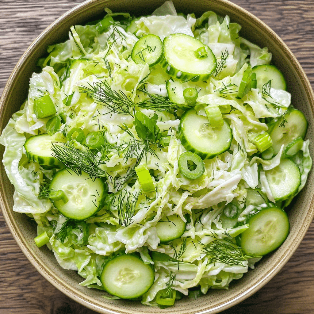Green cabbage cucumber salad with cucumbers, dill, green onions, and vinegar dressing