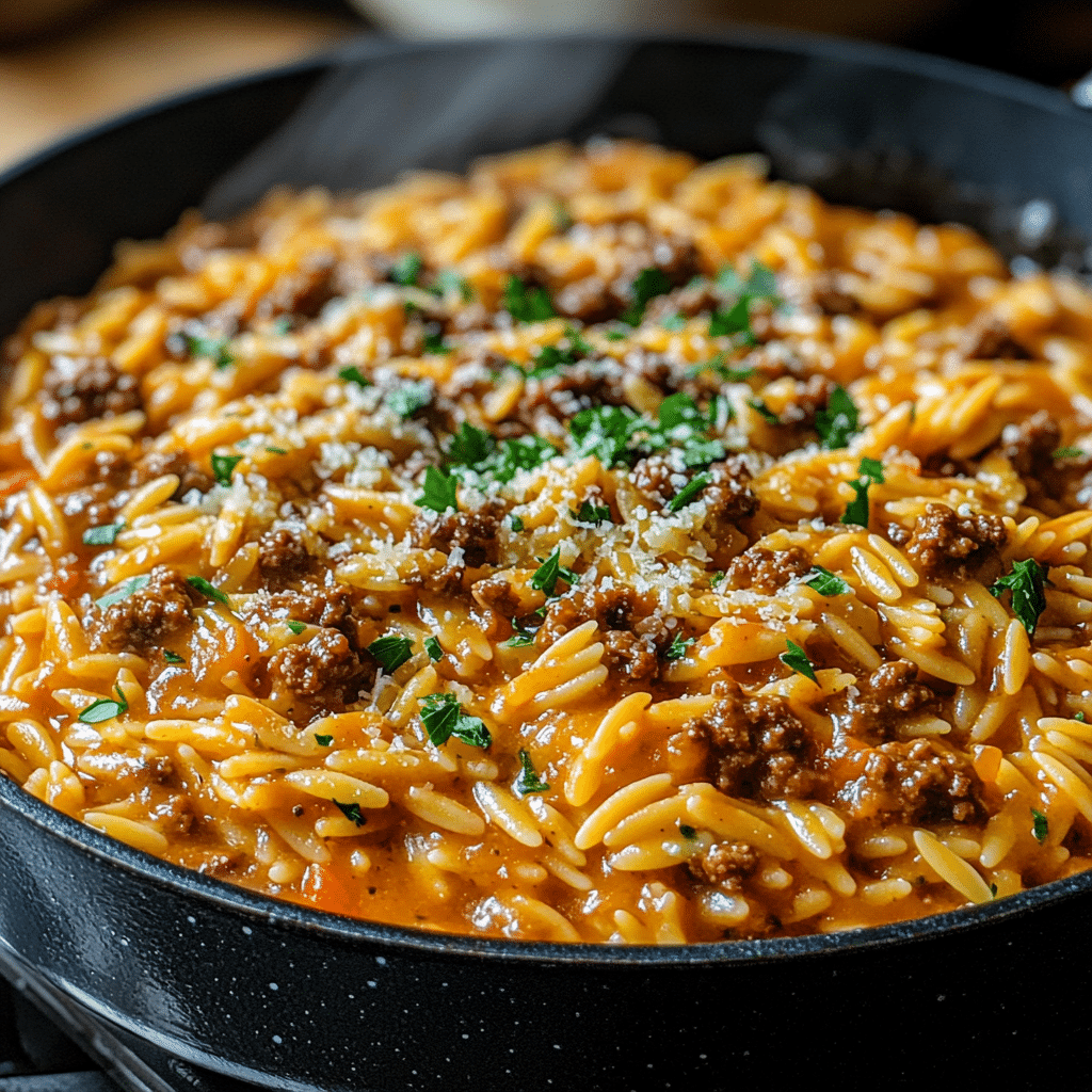 Skillet of ground beef orzo in creamy tomato sauce topped with parsley and Parmesan-style cheese