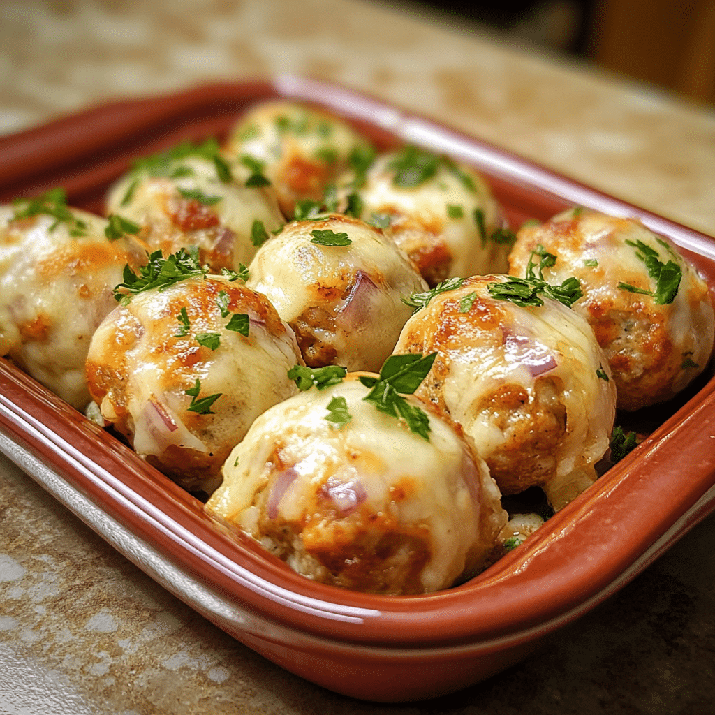 Homemade halal cheese and onion savory meatball rolls in a serving dish in a bright kitchen