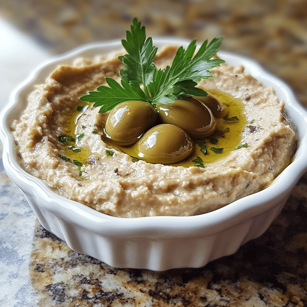 Homemade halal delicious dirty olive dip recipe in 15 minutes in a serving dish in a bright kitchen