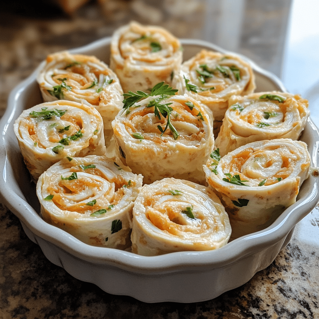 Homemade halal easy turkey and cheese pinwheels in a serving dish in a bright kitchen