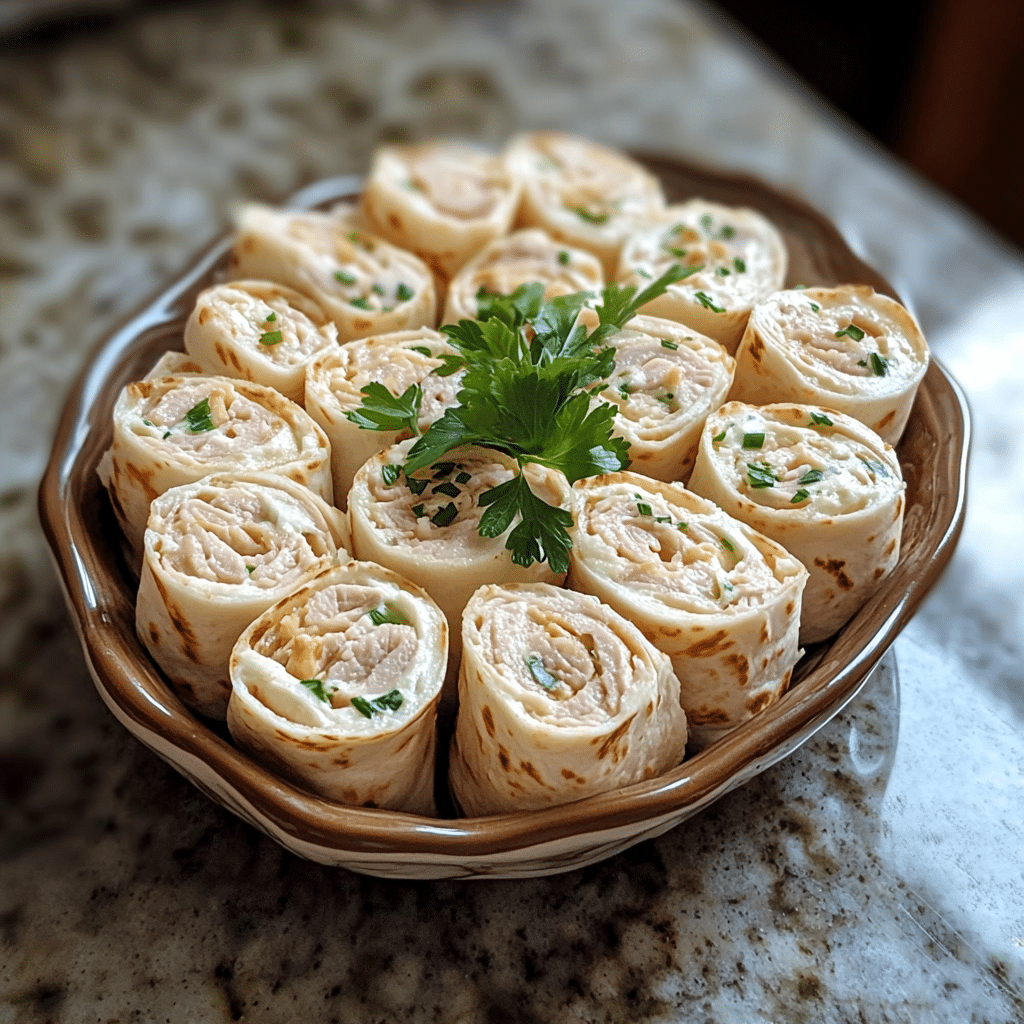 Homemade halal utterly delicious turkey and cream cheese roll ups with tortilla in a serving dish in a bright kitchen