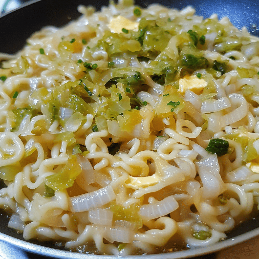 Haluski Fried Cabbage and Noodles served in a dish with visible texture and garnish