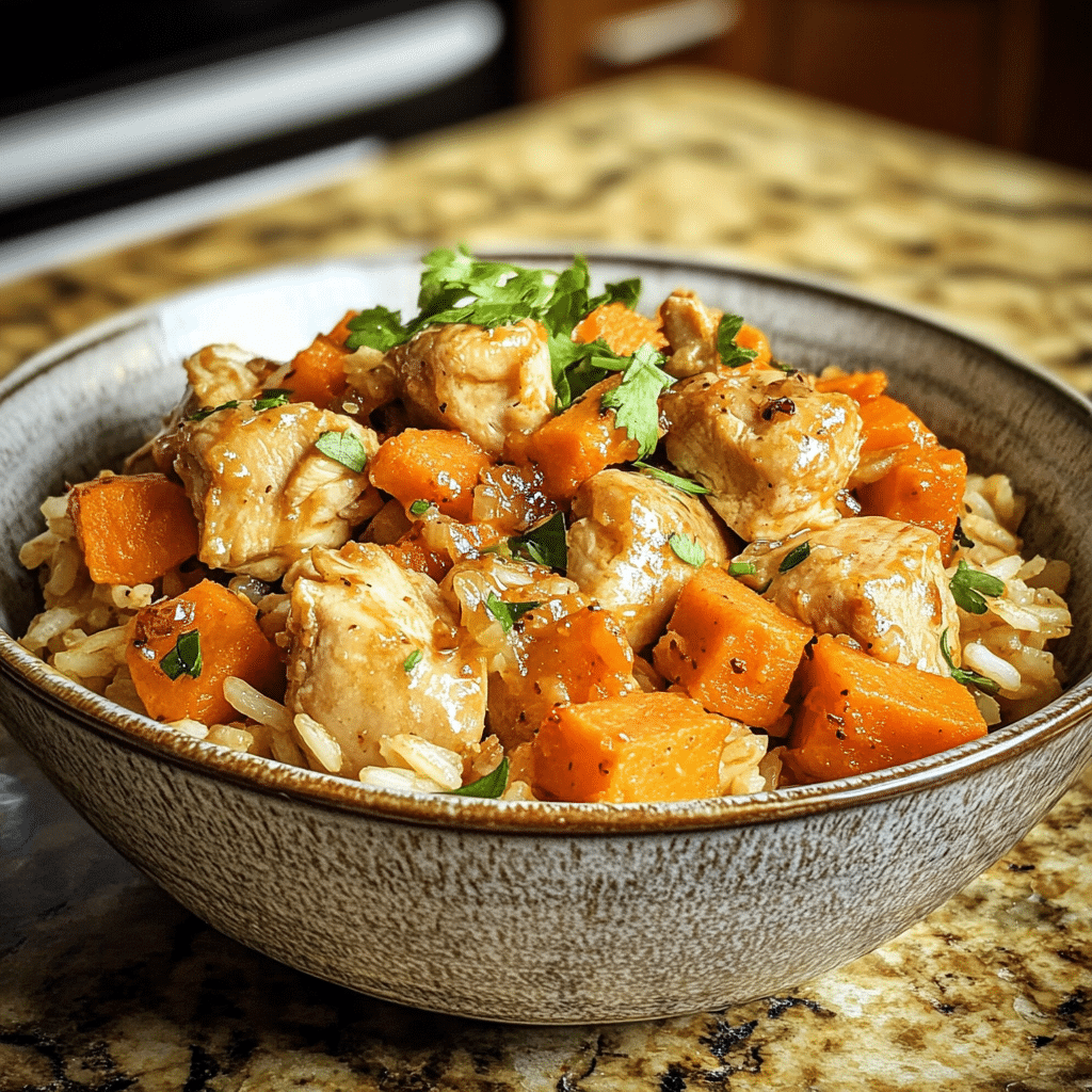 Homemade healthy chicken & sweet potato rice bowl in a serving dish in a bright kitchen