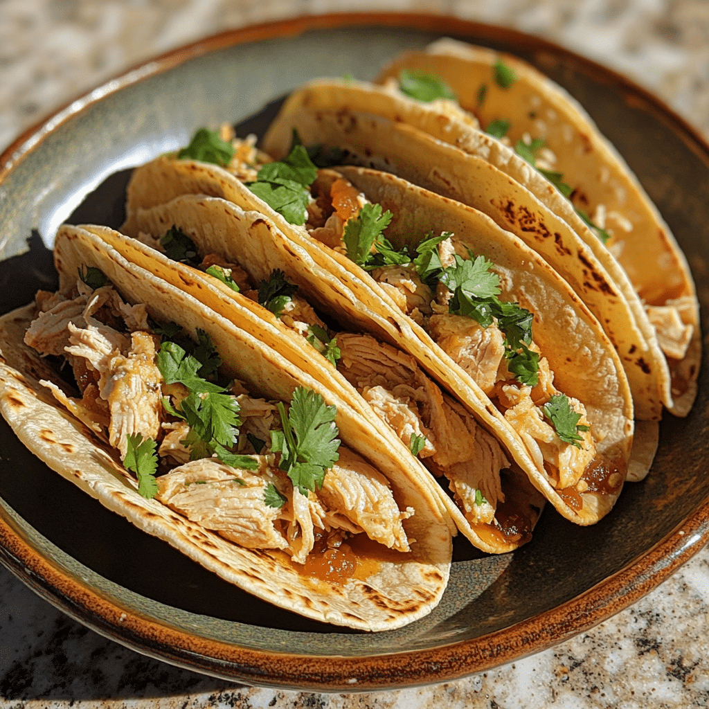 Homemade healthy crockpot chicken tacos in a serving dish in a bright kitchen
