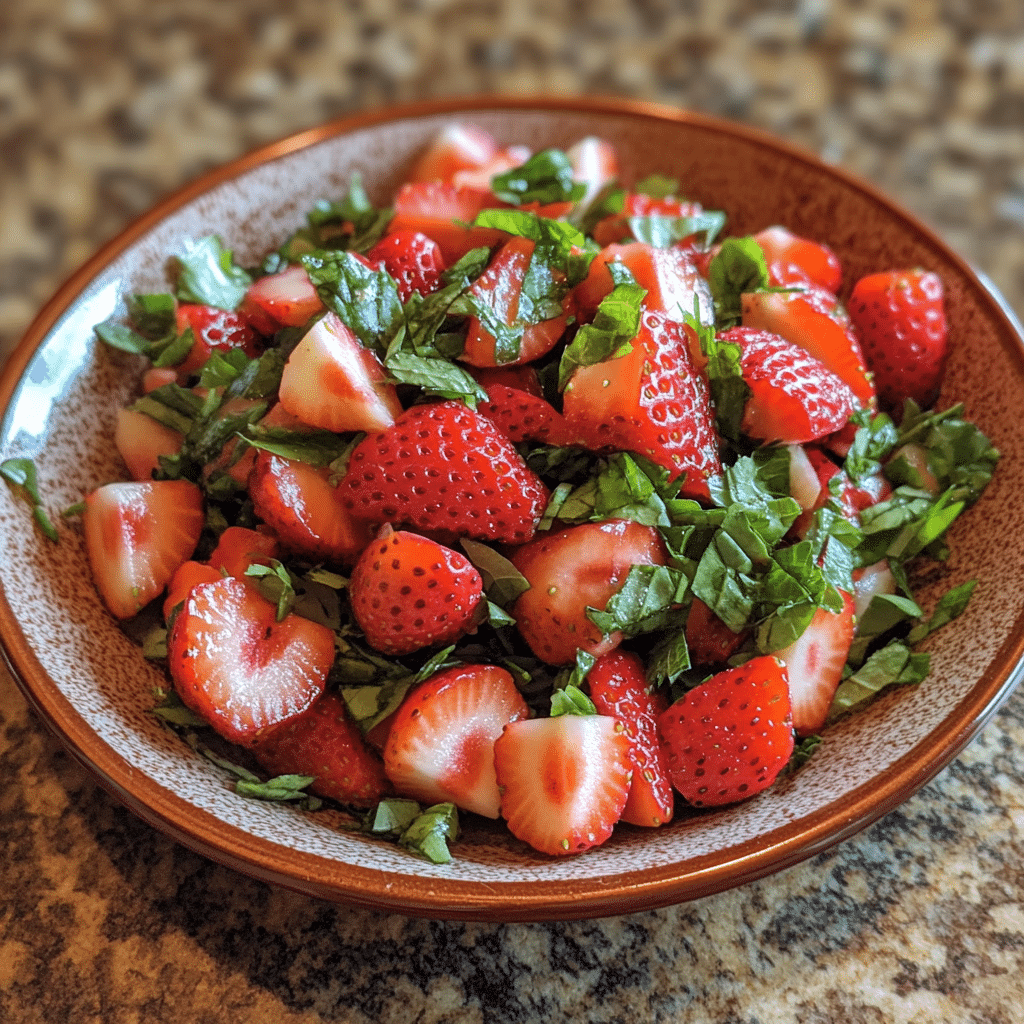 Homemade healthy easter strawberry spring salad in a serving dish in a bright kitchen