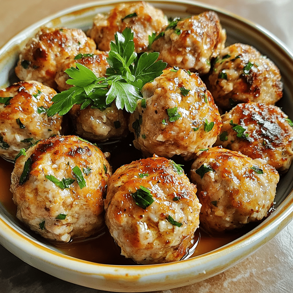 Homemade healthy ground chicken greek meatballs recipe served in a dish in a bright kitchen