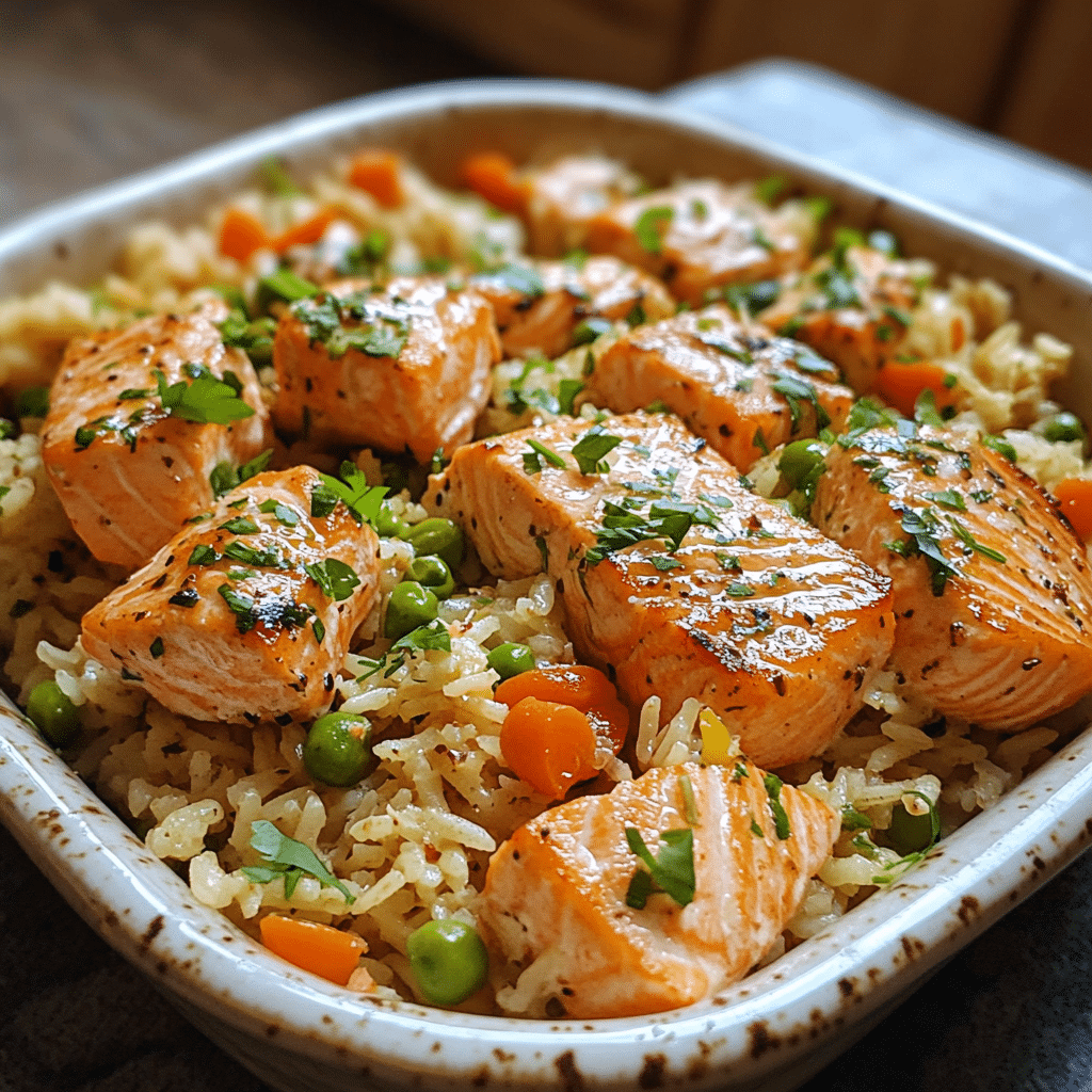 Homemade healthy one pot salmon and rice (35 in a serving dish in a bright kitchen