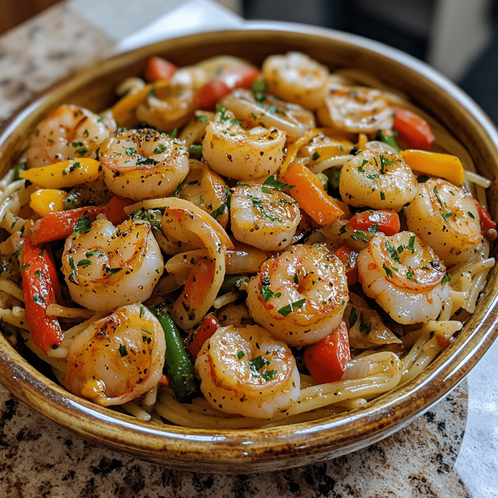 Homemade healthy shrimp & scallop pasta with veggies in a serving dish in a bright kitchen