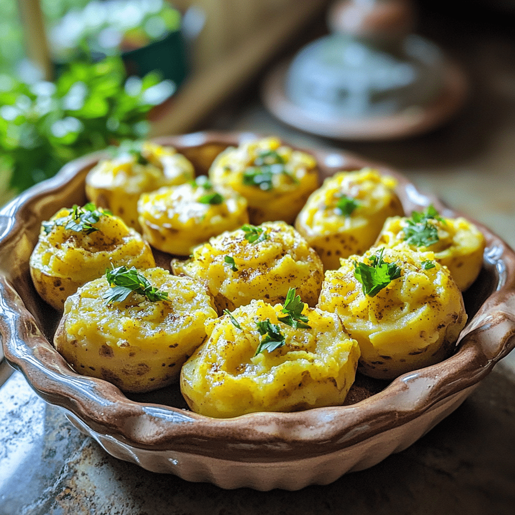 Homemade healthy vegan deviled potatoes in a serving dish in a bright kitchen