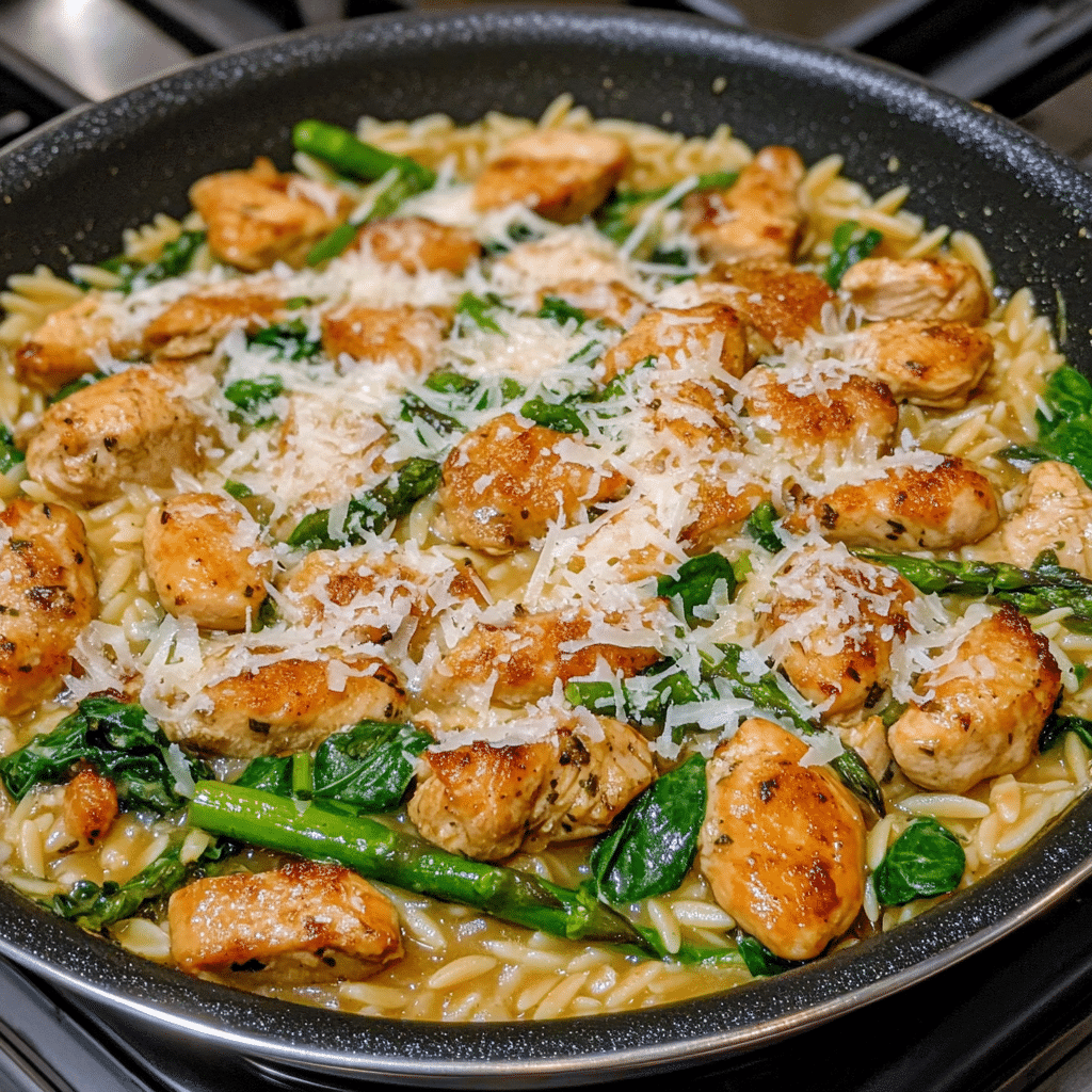 Creamy chicken orzo with spinach asparagus and Parmesan in a skillet
