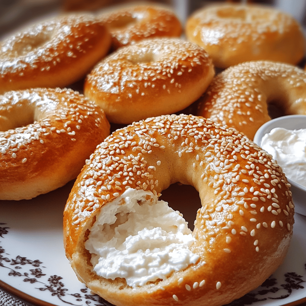 Homemade cottage cheese bagels with sesame seeds, sliced open to show fluffy inside