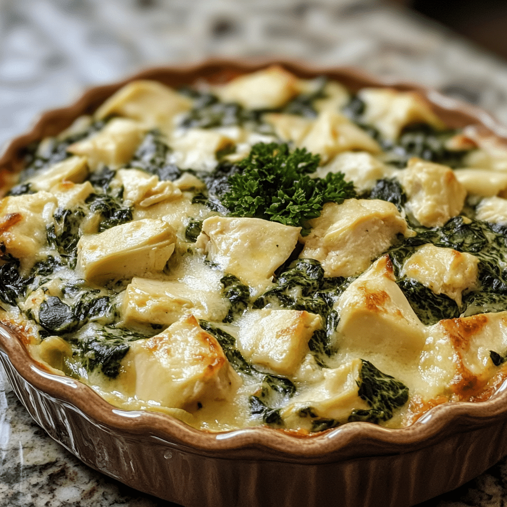 Homemade high-protein spinach and artichoke chicken casserole in a serving dish in a bright kitchen