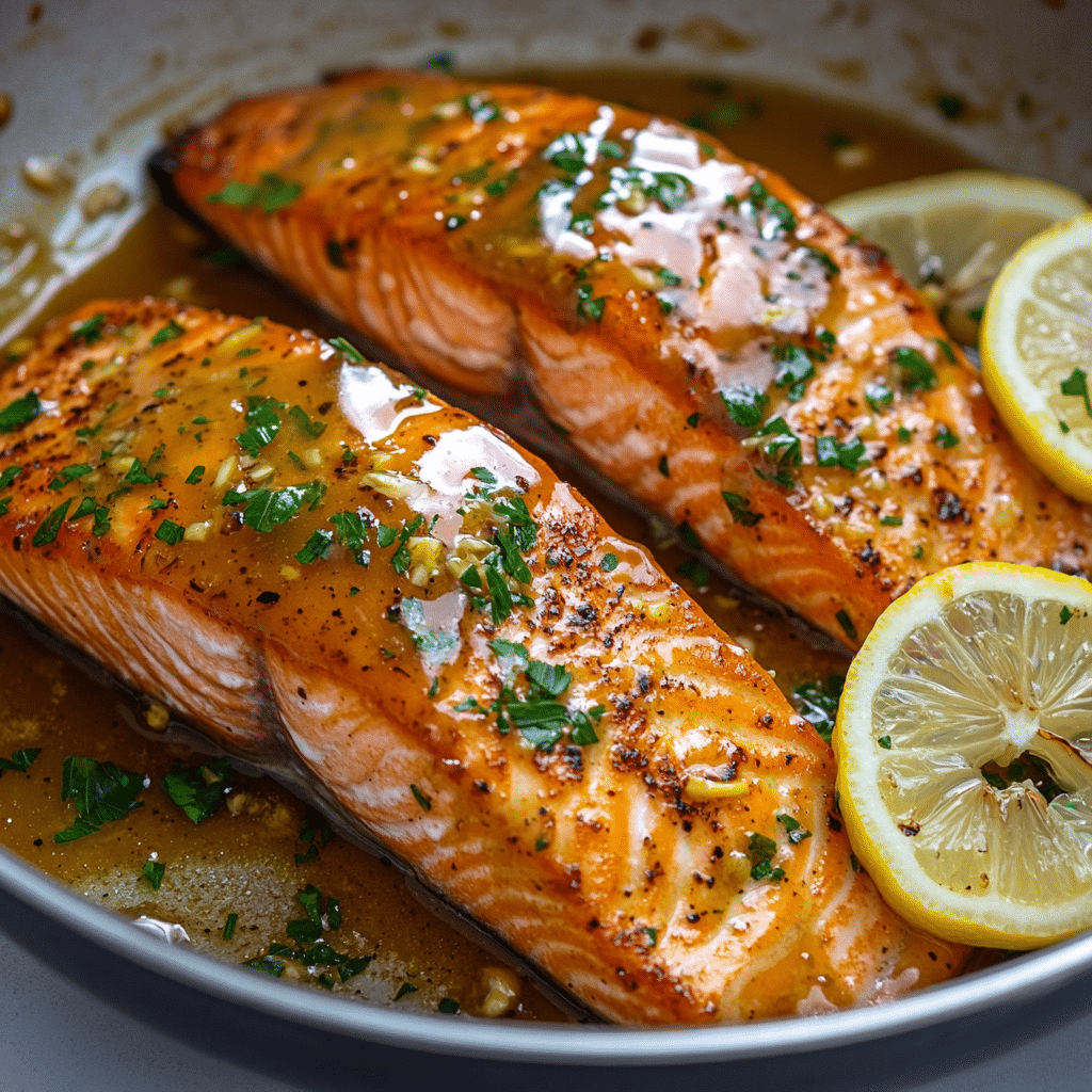 Honey Garlic Salmon served in a dish with visible texture and garnish