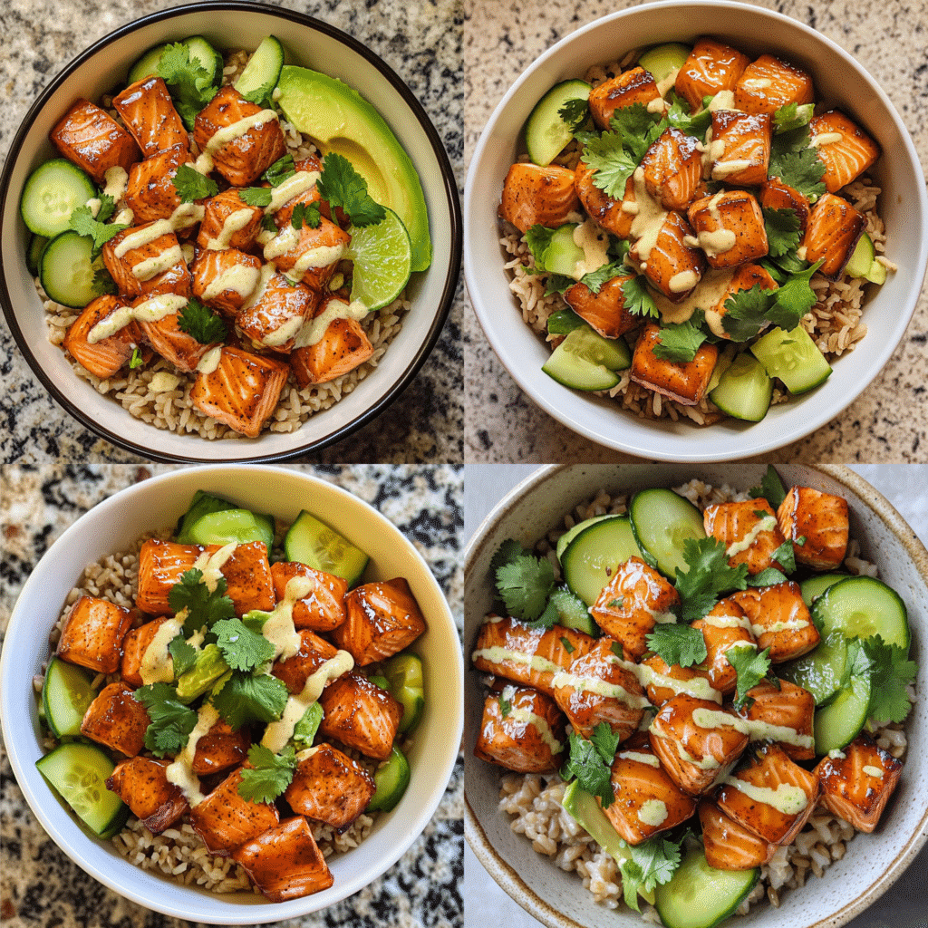 Honey glazed salmon bowl with rice, avocado, cucumber, cilantro, and paprika mayo sauce