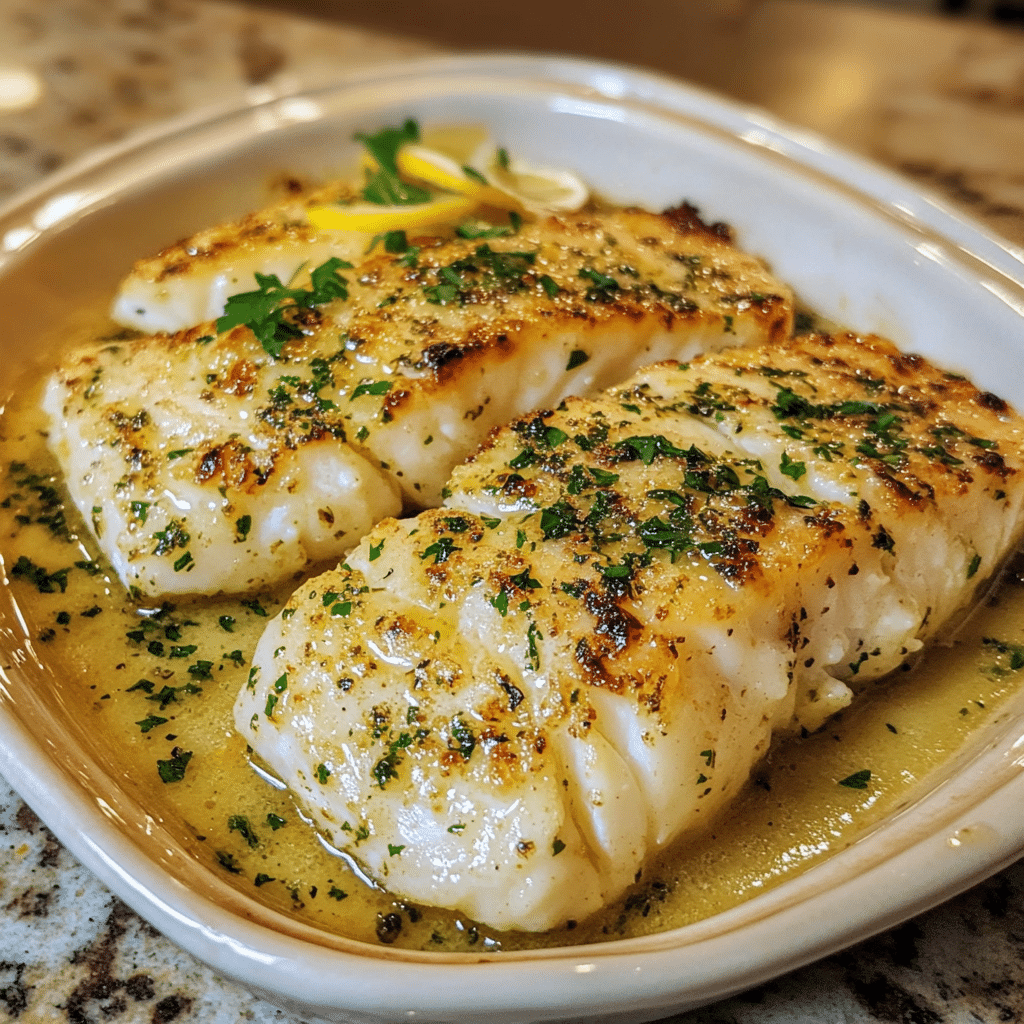 Homemade how to make perfect lemon butter baked cod in a serving dish in a bright kitchen