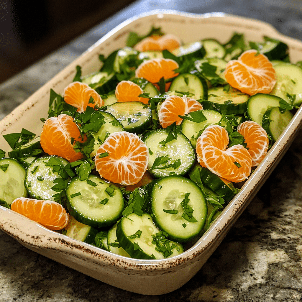 Homemade irish flag clementine cucumber salad in a serving dish in a bright kitchen