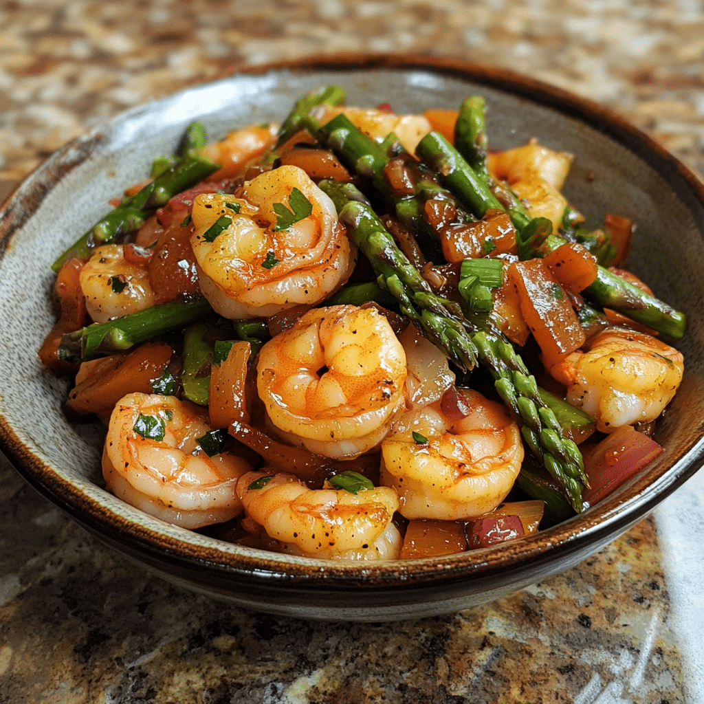 Homemade irresistible easy, healthy shrimp and asparagus stir fry recipe in a serving dish in a bright kitchen