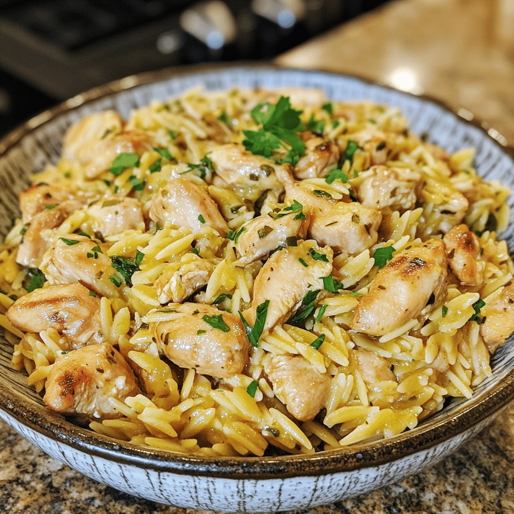Homemade irresistible high protein mediterranean chicken orzo in a serving dish in a bright kitchen