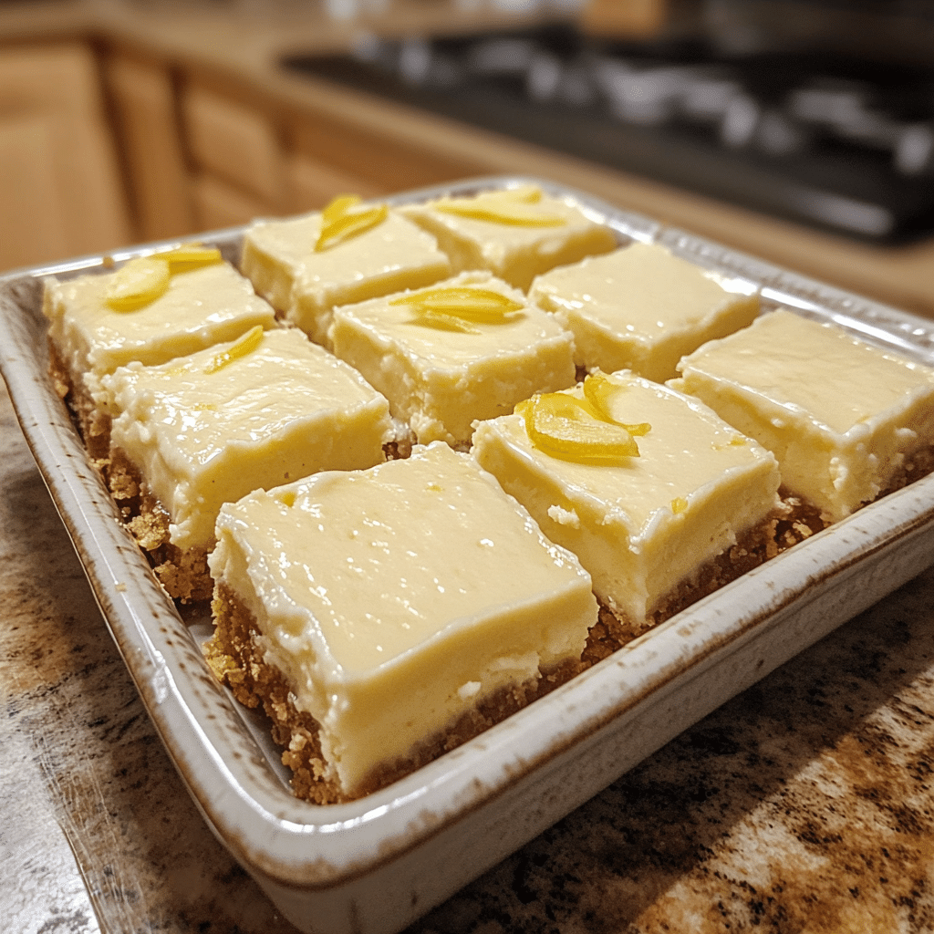 Homemade irresistible no bake lemon cheesecake bars in a serving dish in a bright kitchen