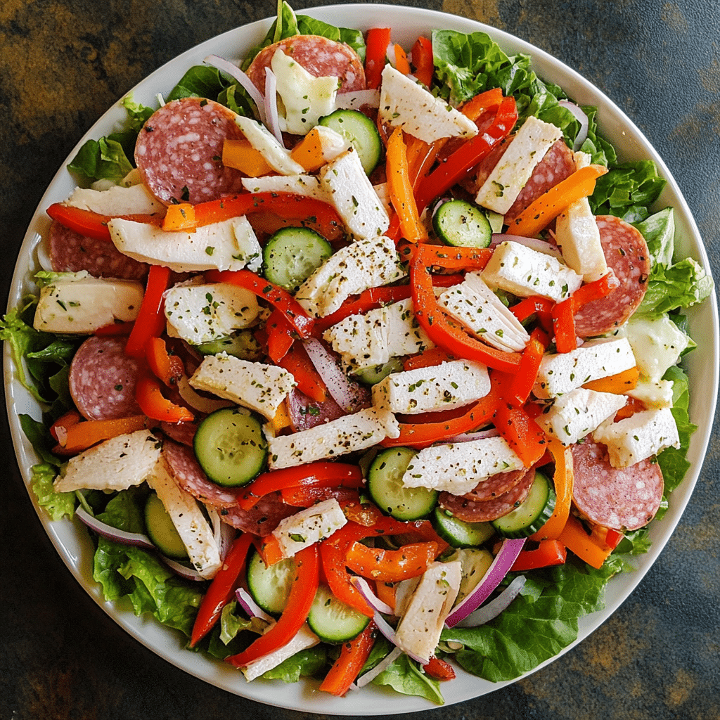 Italian sub salad with romaine turkey pepperoni mozzarella provolone and peppers