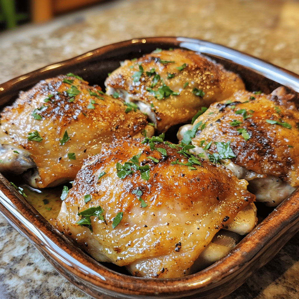 Homemade juicy greek yogurt marinated chicken thighs in a serving dish in a bright kitchen