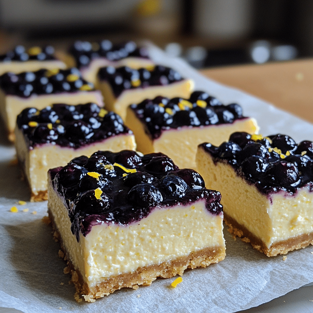 Keto blueberry lemon cheesecake bars with almond crust and blueberry topping