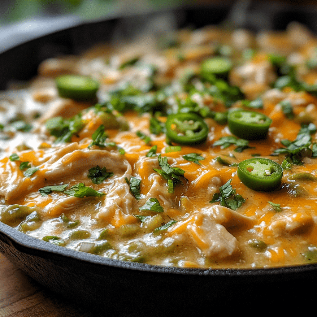 One-pan keto green chili chicken in a skillet with melted cheddar cheese and jalapeño slices