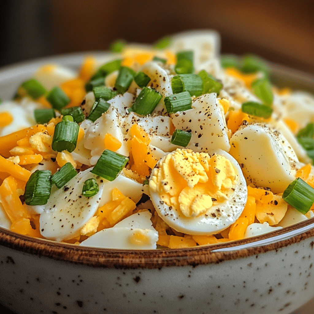 Keto ranch egg salad in a bowl with chopped eggs, cheddar, and green onions