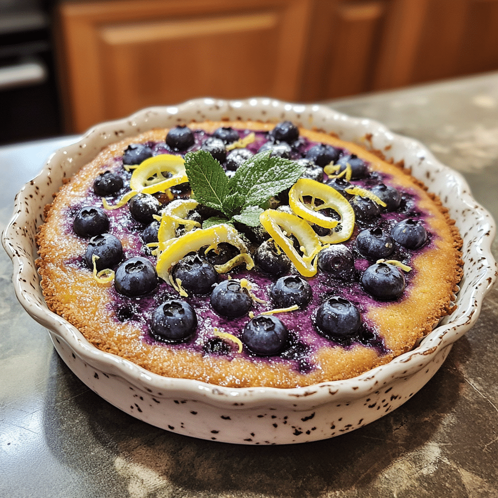 Homemade lemon blueberry cake served in a dish in a bright kitchen