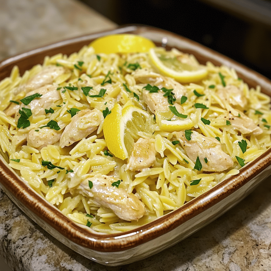Homemade lemon chicken orzo in a serving dish in a bright kitchen