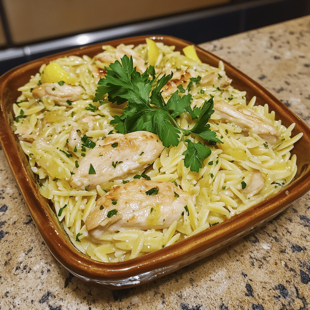 Homemade lemon chicken orzo in a serving dish in a bright kitchen