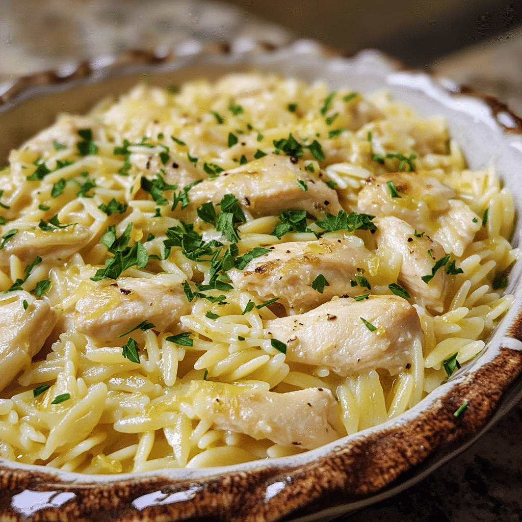 Homemade lemon chicken orzo recipe in a serving dish in a bright kitchen