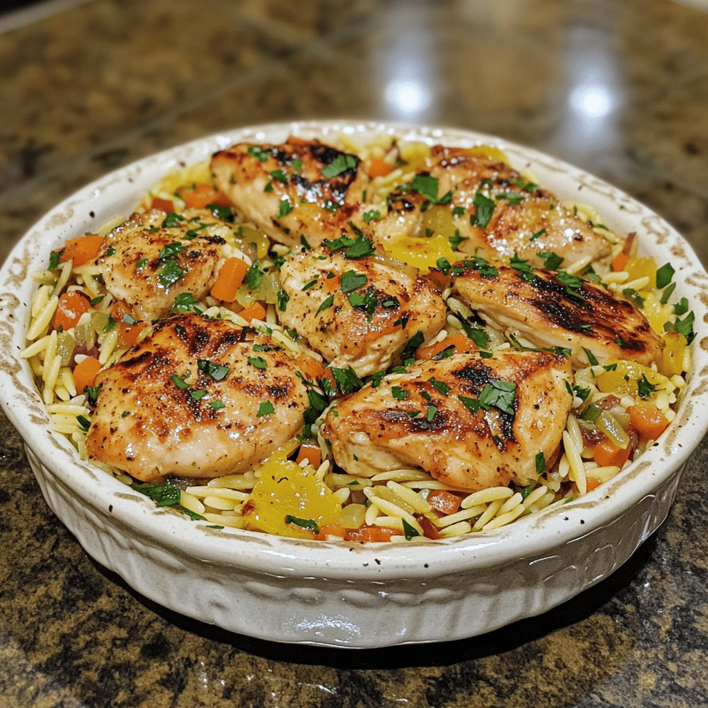 Homemade lemon chicken and veggie orzo in a serving dish in a bright kitchen